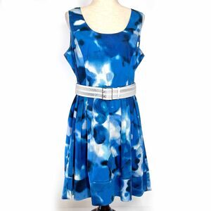 Ellen Tracy Blue Watercolor Pleated Dress Size 14